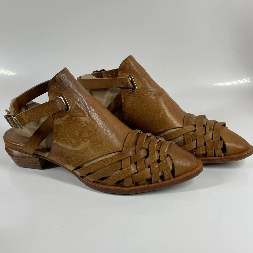 Sz 9 Antelope Taupe Low Heal Slingback Mule Summer Tan Leather Woven Sandals